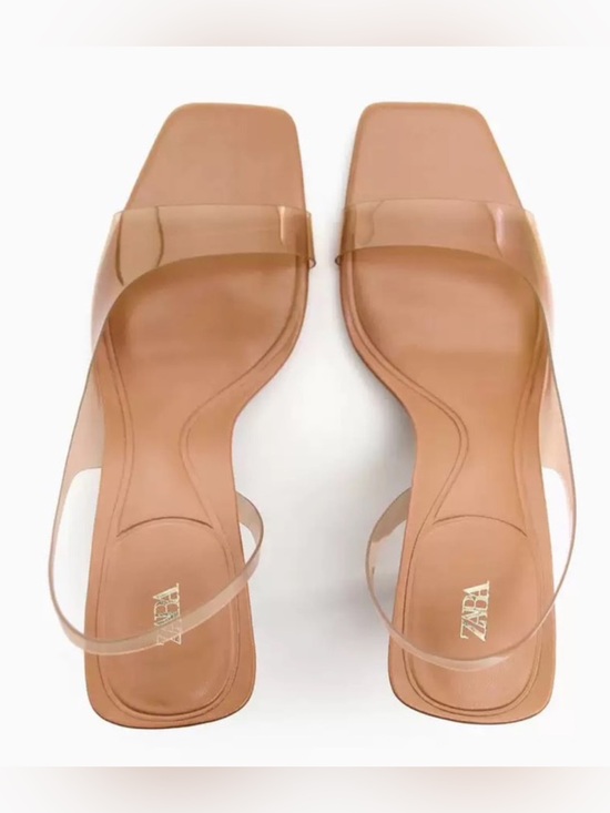 Zara Shoes - ZARA Transparent Strap Tan Square-Toe Slide Sandals